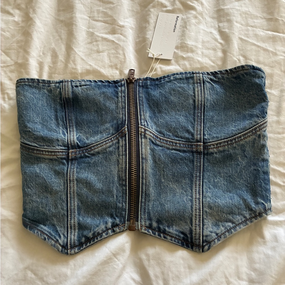 Reformation ENA Denim Jean Strapless Zip Crop Tube Top Bustier Corset Style 4